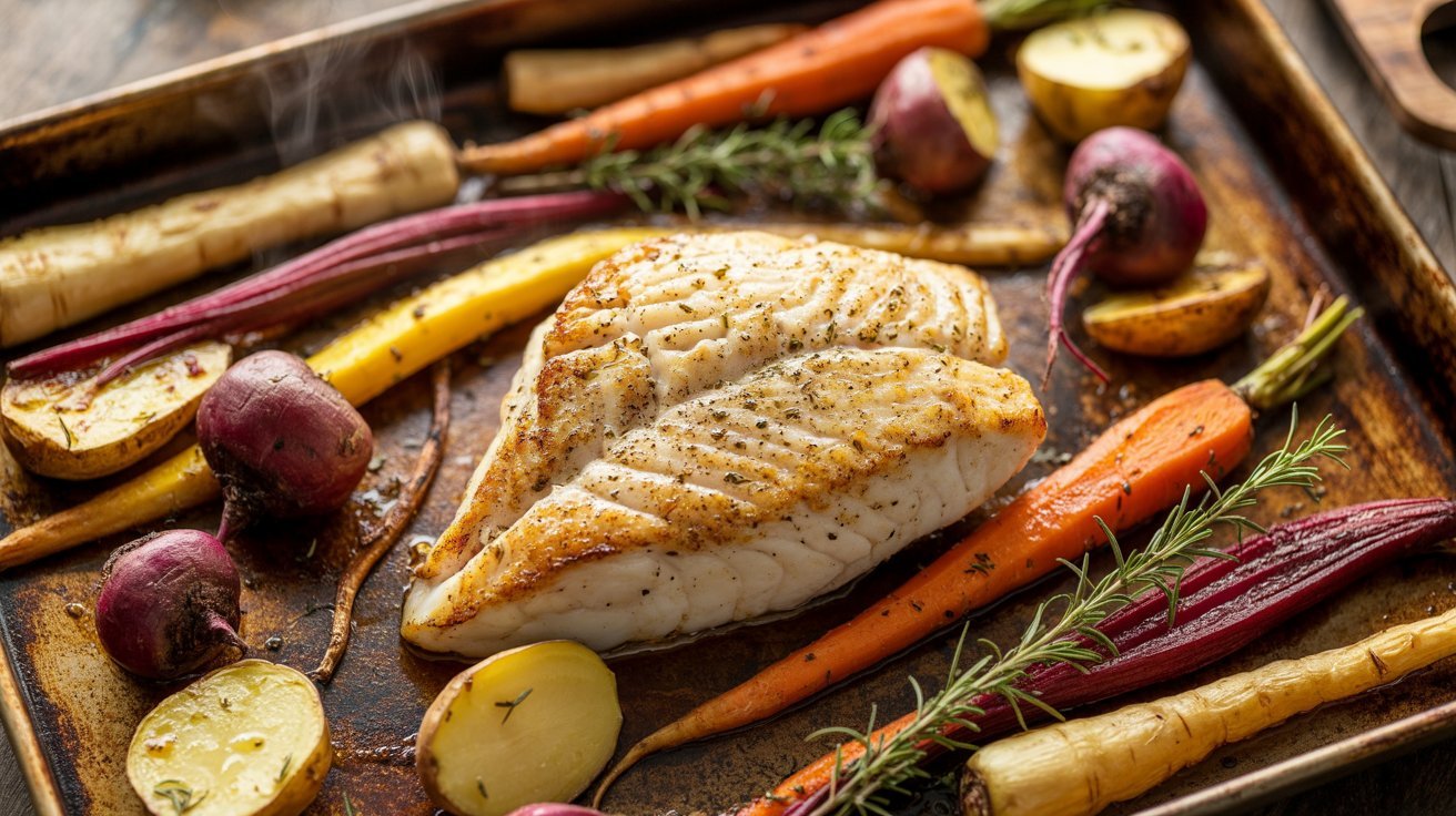 A baked halibut fillet with assorted root vegetables on a baking sheet, showcasing a colorful and healthy meal.