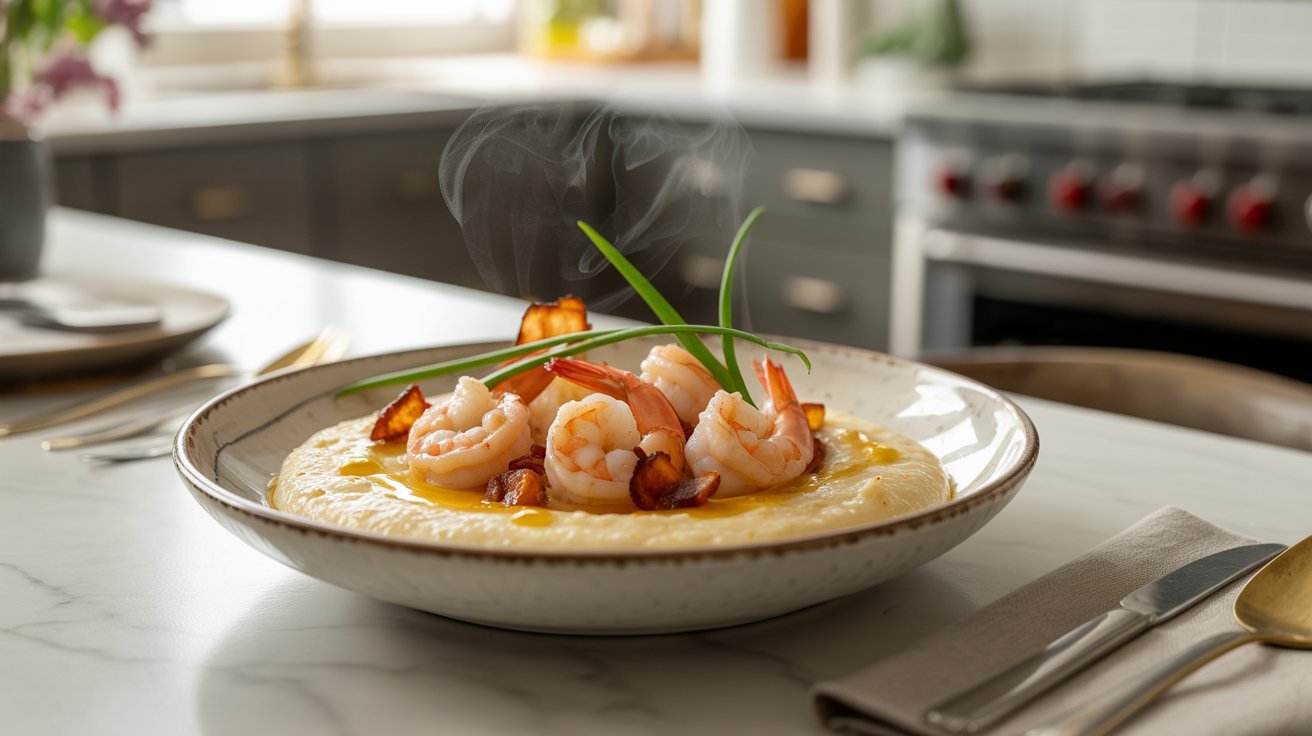 A bowl of shrimp and grits sits on a counter, showcasing a delicious homemade meal ready to be served.