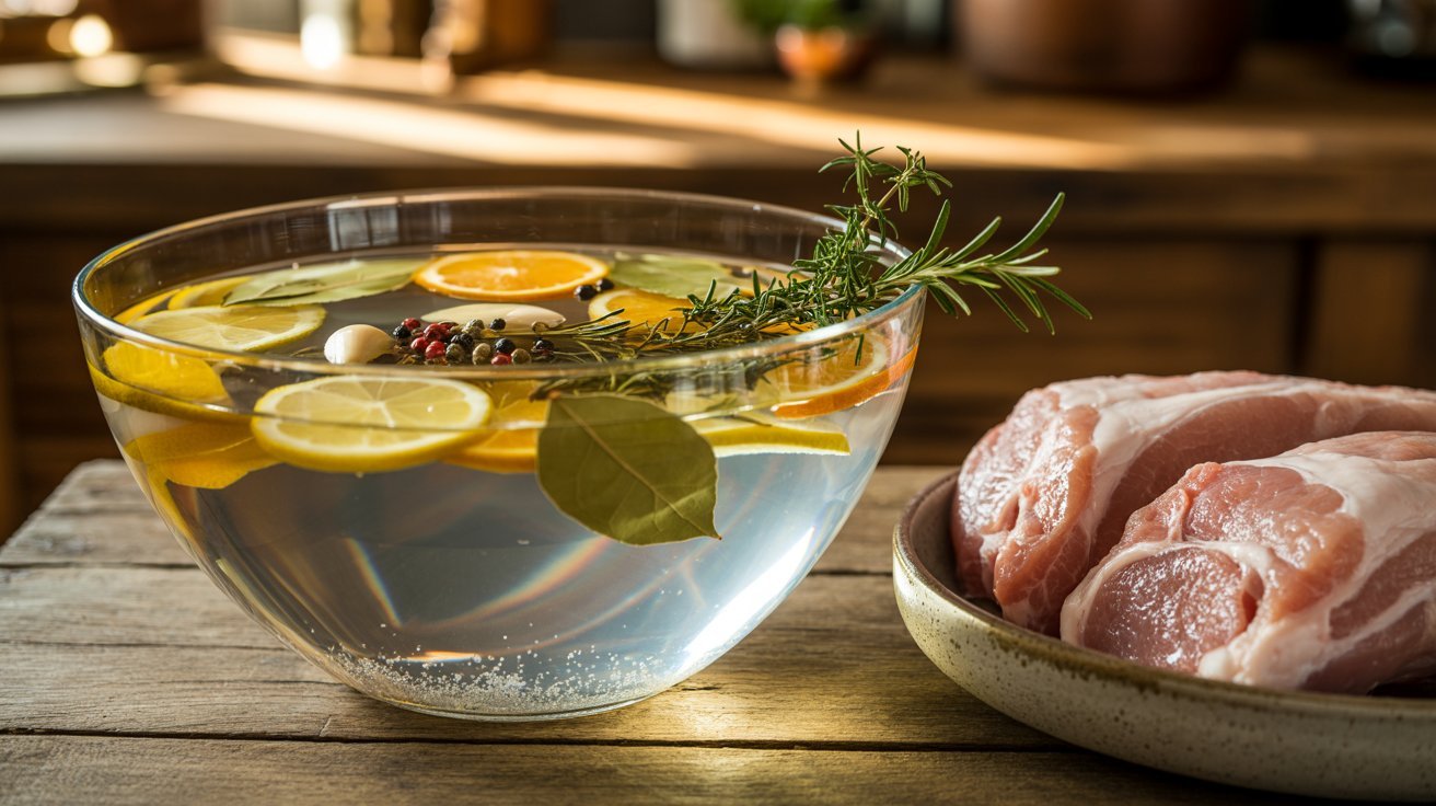 A bowl of citrus-infused pork brine alongside a bowl of clear water, highlighting the recipe's fresh lemon and orange flavors.
