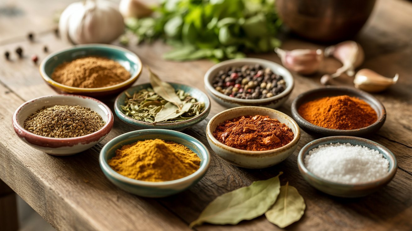 A variety of spices and herbs in bowls arranged on a wooden table, showcasing seasonings that improve authentic flavors.