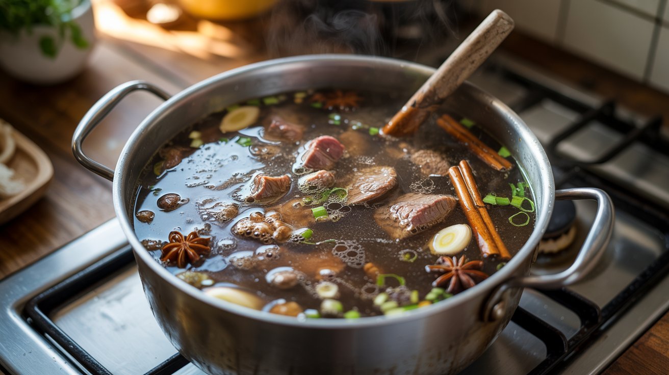 A pot of beef stew with spices simmering on a stove, part of a traditional broth for beef noodle soup recipe.