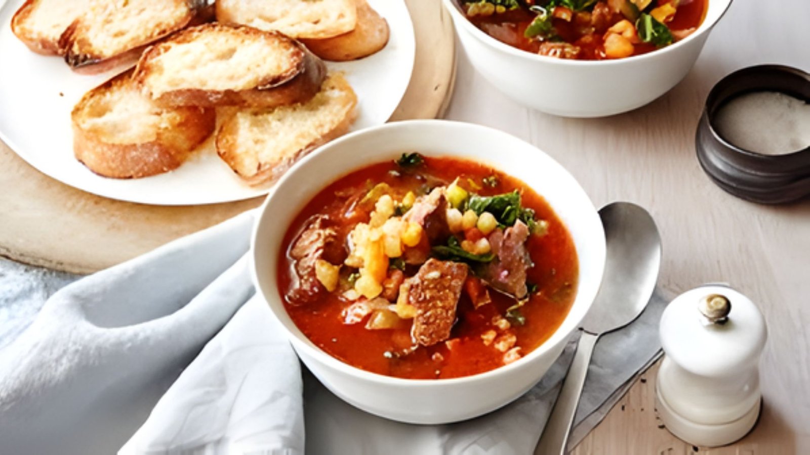 Two bowls of hearty beef minestrone soup with slices of buttered bread arranged next to them on a wooden surface.