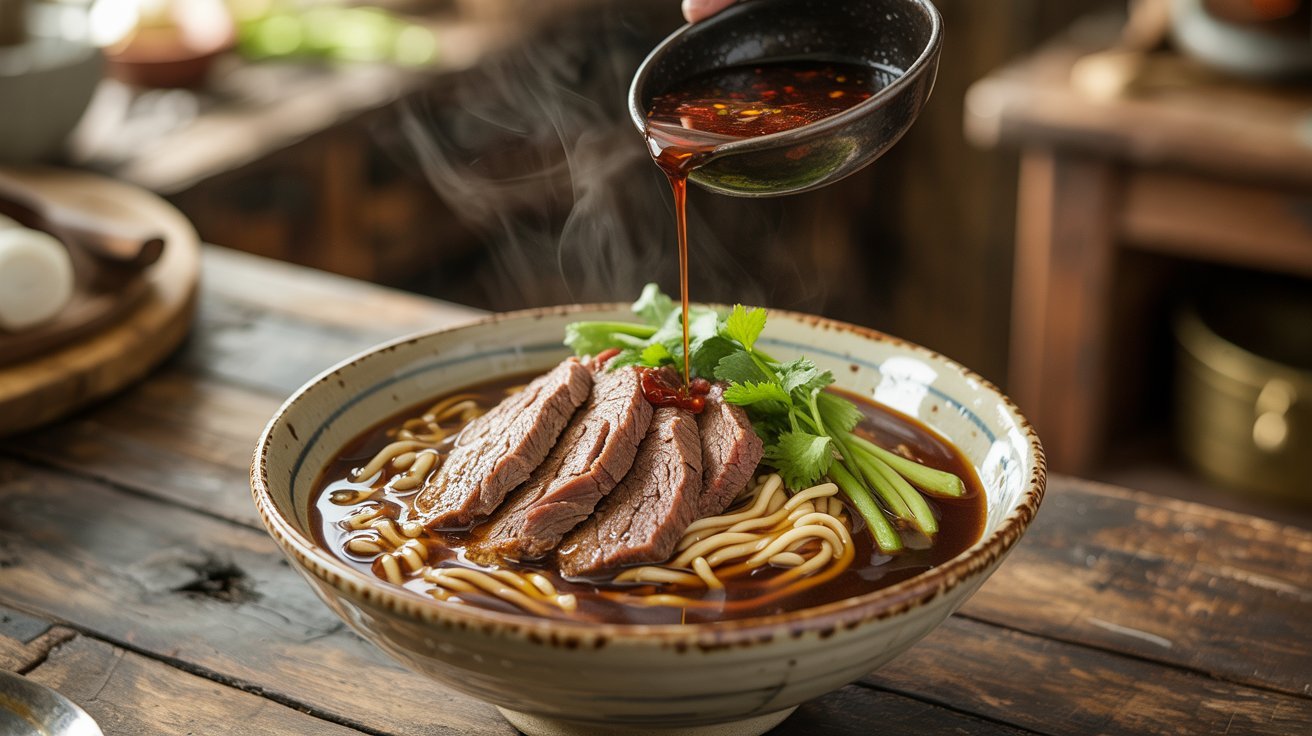 A bowl of noodles topped with meat as sauce is being poured over, illustrating the assembly of Beef Noodle Soup.