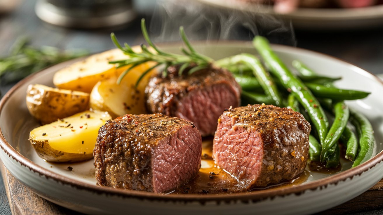 A plate featuring air fryer venison cube steak, roasted potatoes, and steamed green beans.