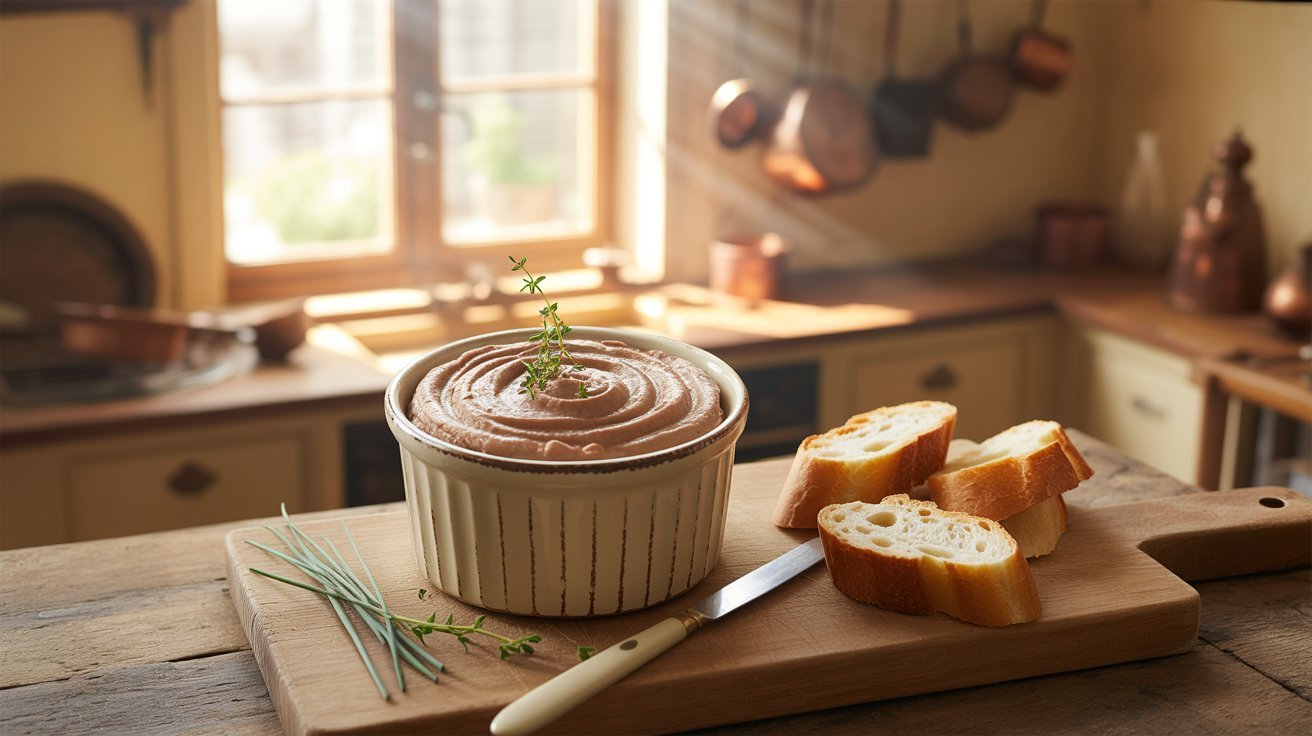 A bowl of Chicken Liver Mousse influenced by Julia Child's Chicken Liver Mousse, set on a cutting board.