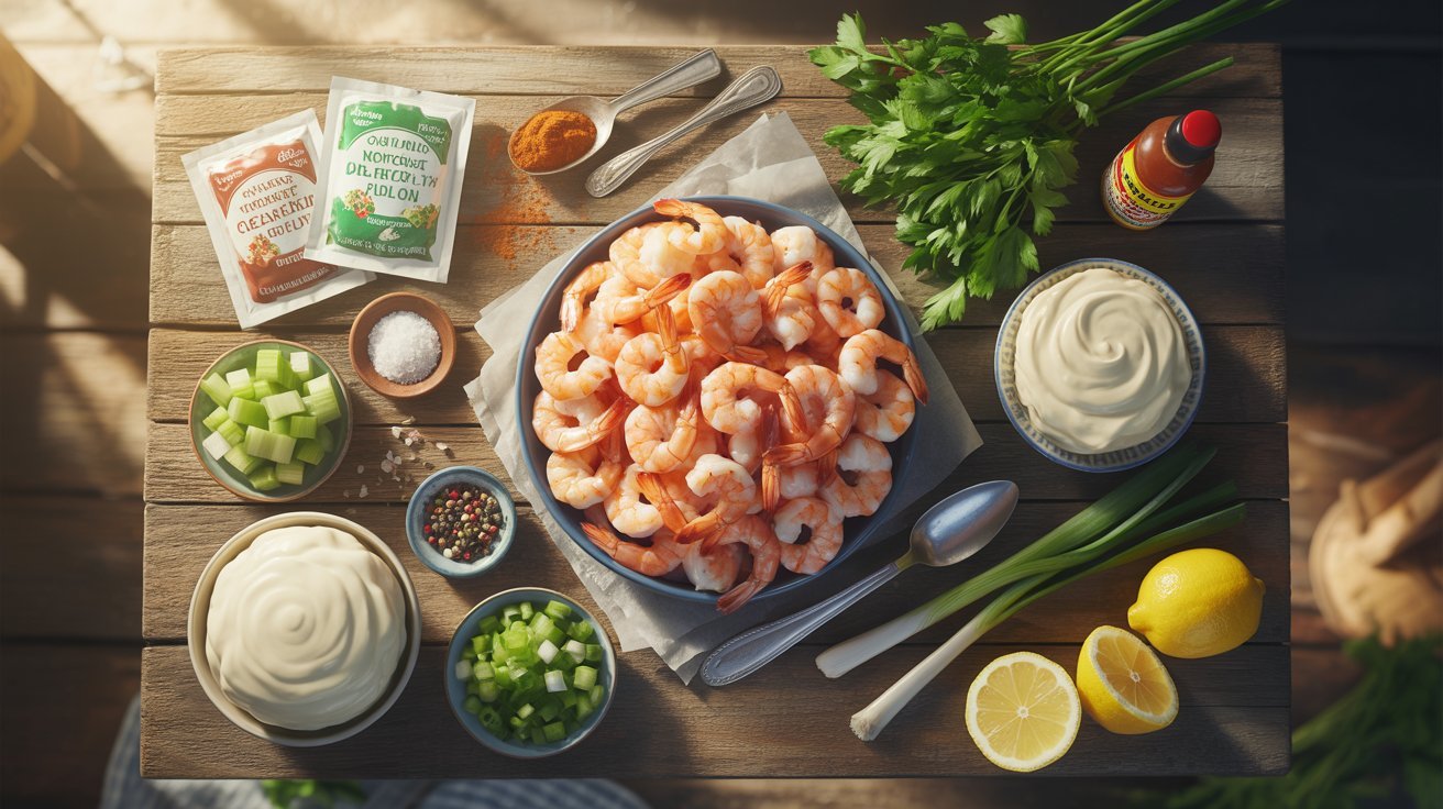 A bowl filled with shrimp, colorful vegetables, and condiments, placed on a rustic wooden table, for a Louisiana-style recipe.