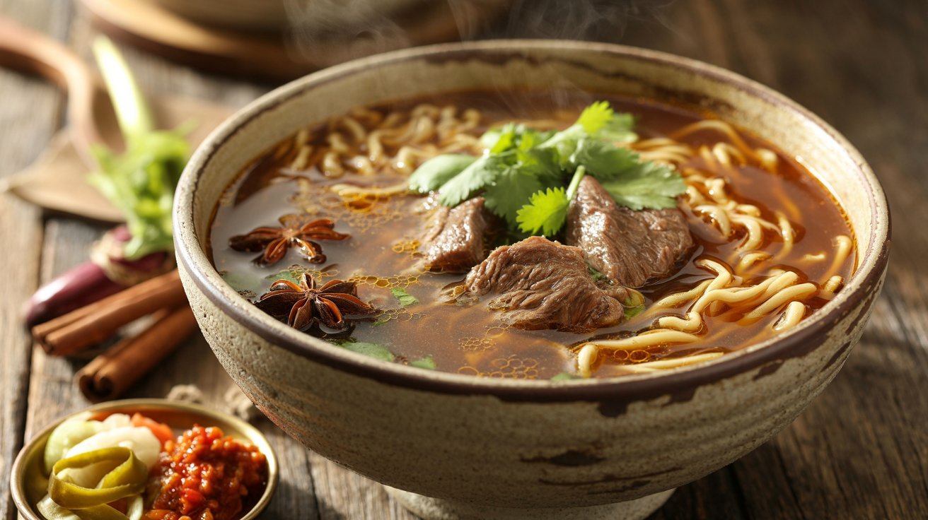 A bowl of Chinese beef noodle soup featuring tender beef, spices, and noodles, representing an old-fashioned recipe.