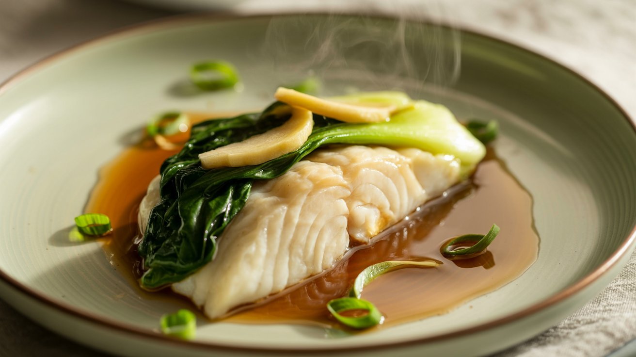 A plate featuring steamed white fish garnished with ginger and accompanied by a variety of fresh greens.