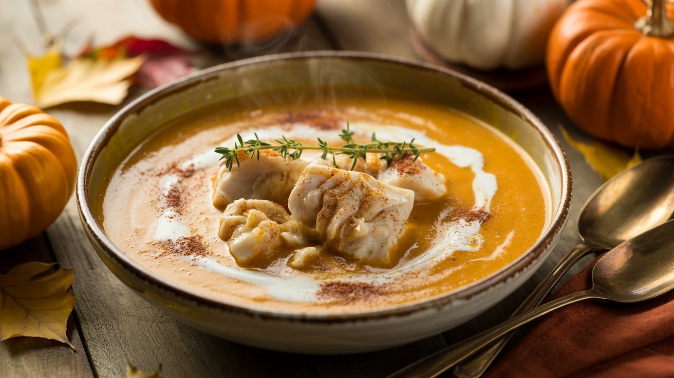 A serving of pumpkin-spiced fish chowder in a bowl, showcasing a rich pumpkin soup with tender fish pieces.