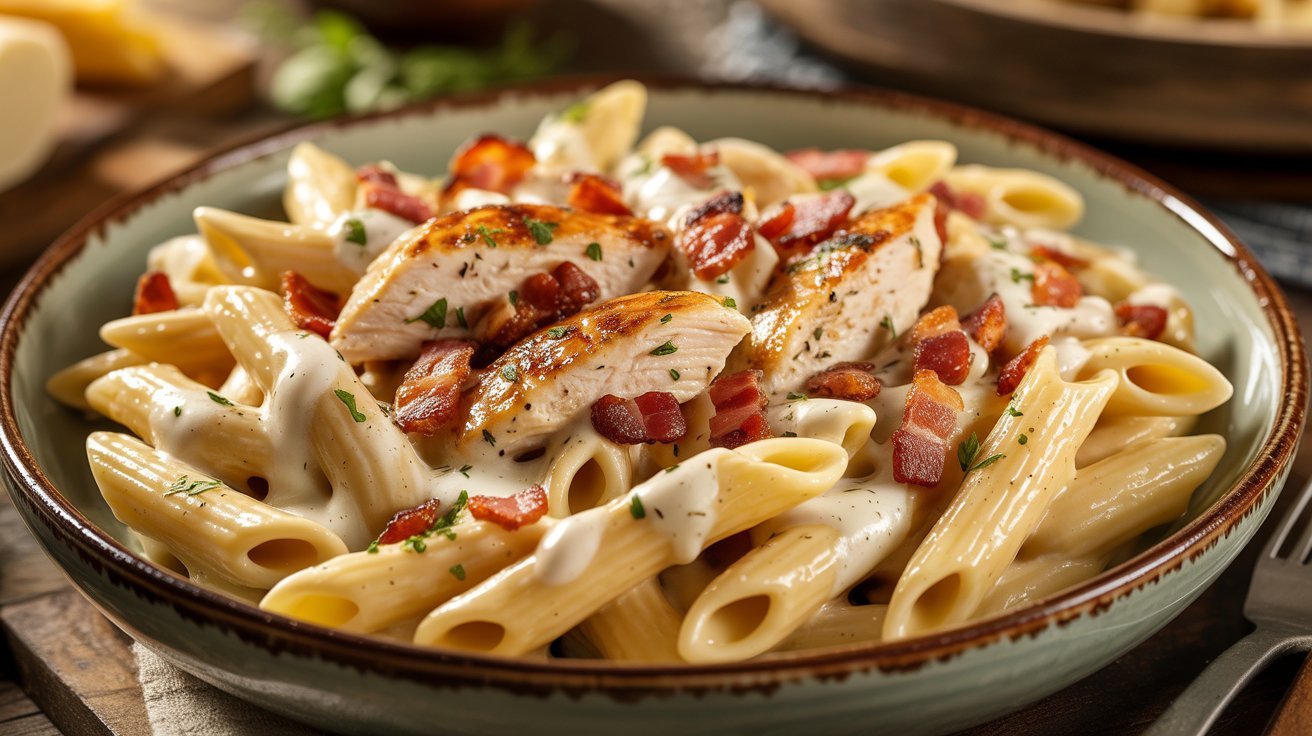 Cheesy chicken bacon ranch pasta featuring tender chicken and creamy sauce with pasta.