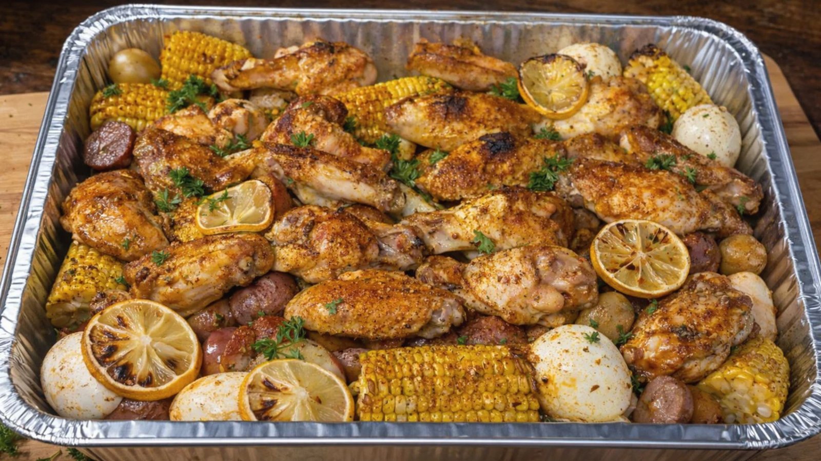 A tray featuring chicken, corn, and potatoes garnished with lemon slices, suggesting a combined meal presentation.