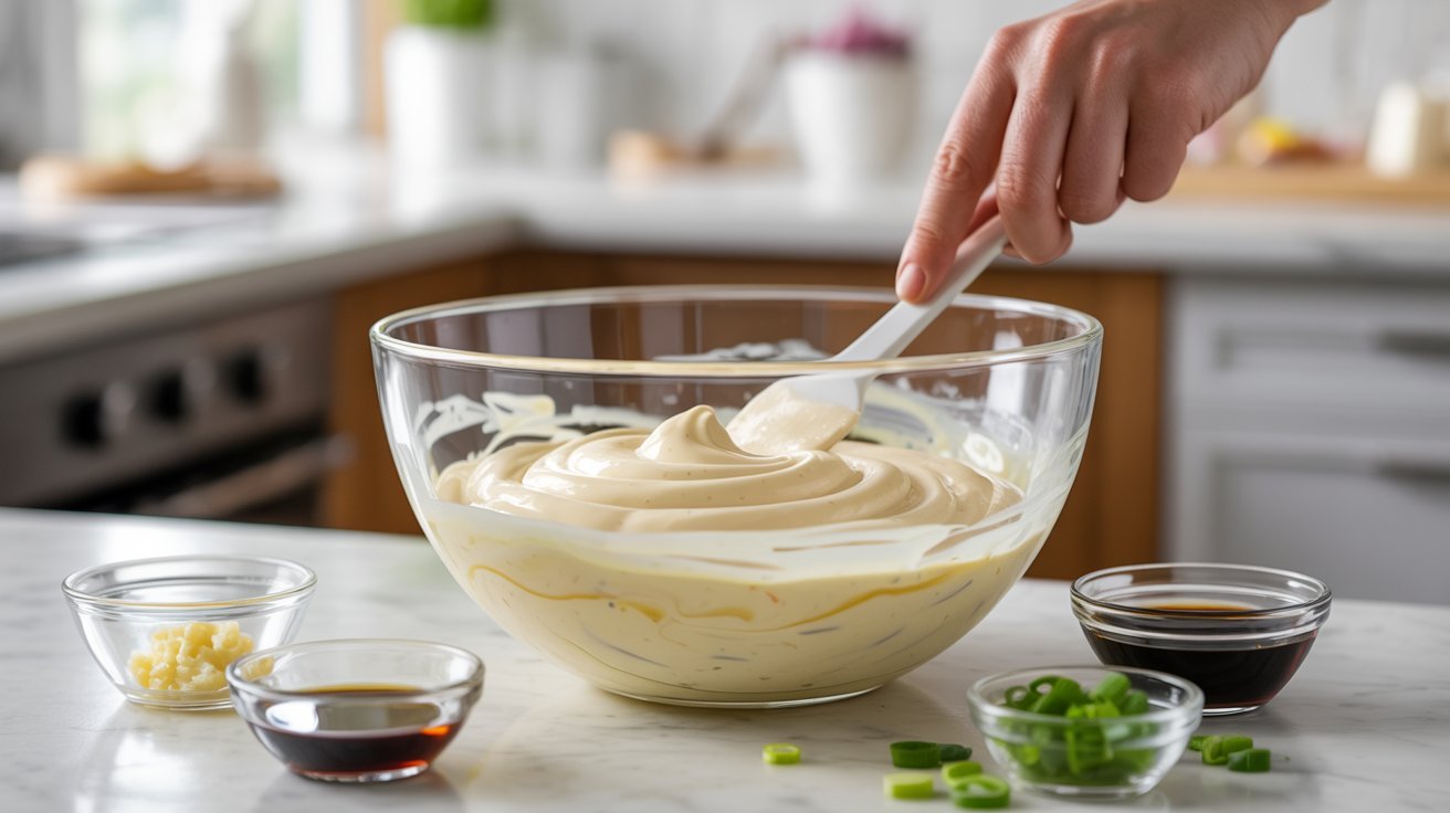 A person mixing cream cheese with other ingredients in a bowl for a crab rangoon dip recipe.