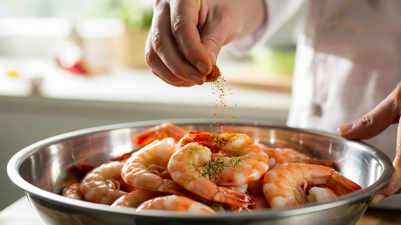 A Person sprinkles seasoning on shrimp in a bowl, preparing them for a Peel and Eat Shrimp