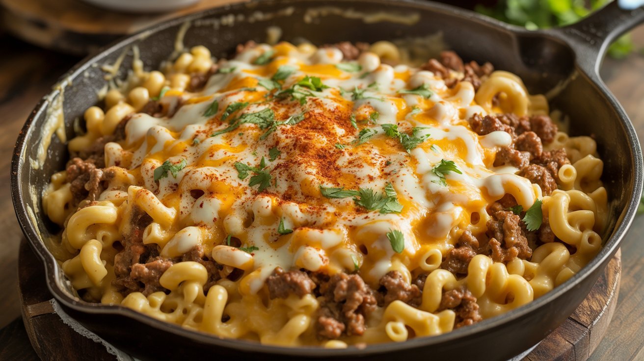 Taco casserole in a white dish, featuring layers of pasta, cheese, and seasoned meat, ready to serve.