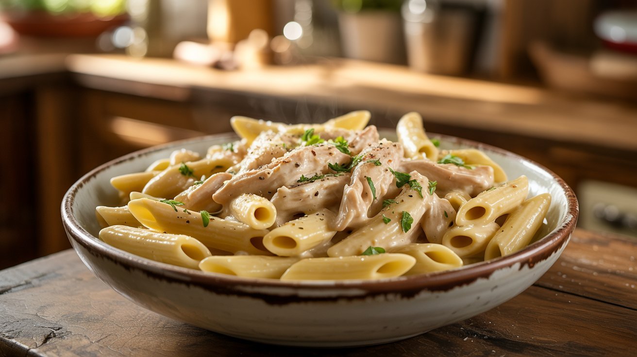 A pot of shredded chicken Alfredo pasta with noodles, garnished with parsley, served in a slow cooker.