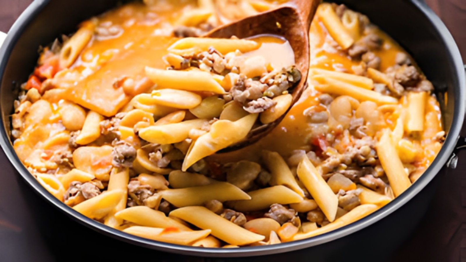 A pot filled with pasta, beef, and beans, showcasing a hearty meal ready to be served.