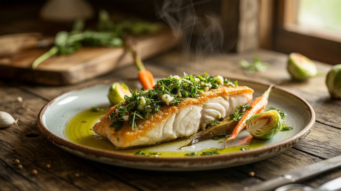 A plate featuring crispy skillet fish with herb sauce, accompanied by a medley of fresh vegetables.