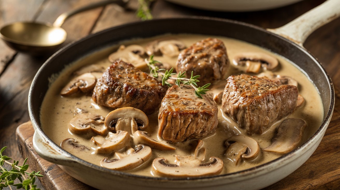 A skillet filled with venison cube steak and mushrooms in a creamy mushroom sauce.