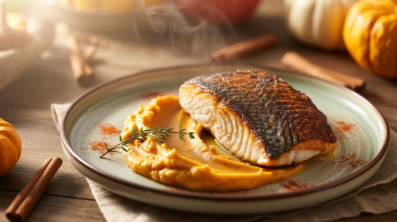A plate featuring blackened fish alongside a serving of sweet potato mash.
