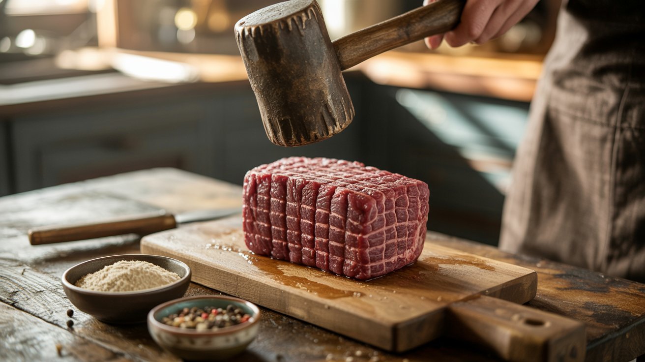 A man grips a piece of meat on a cutting board, demonstrating the first step of tenderizing before cooking.