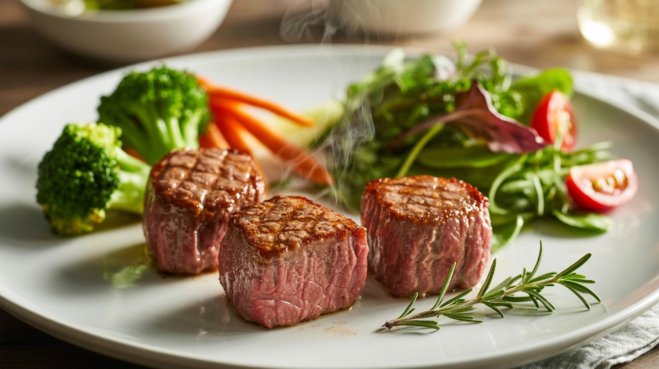 A white plate featuring low-fat pan-seared venison cube steak accompanied by vibrant vegetables and aromatic herbs.