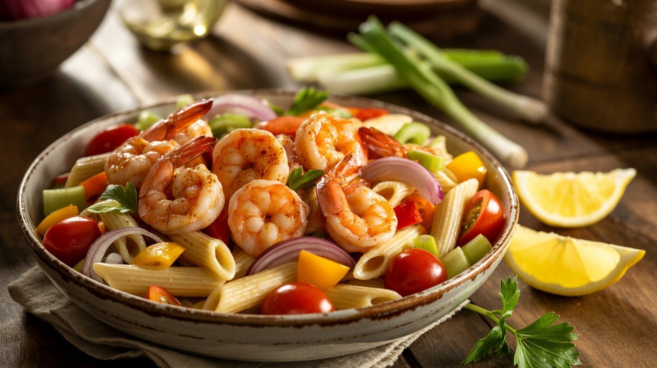 A bowl of Cajun shrimp pasta salad featuring colorful vegetables and a spicy twist.