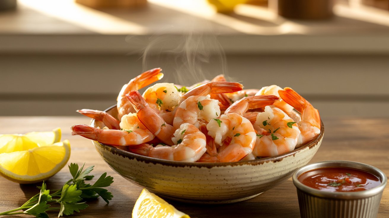 A bowl of boiled shrimp garnished with a lemon slice and accompanied by a spoon, ready for serving.