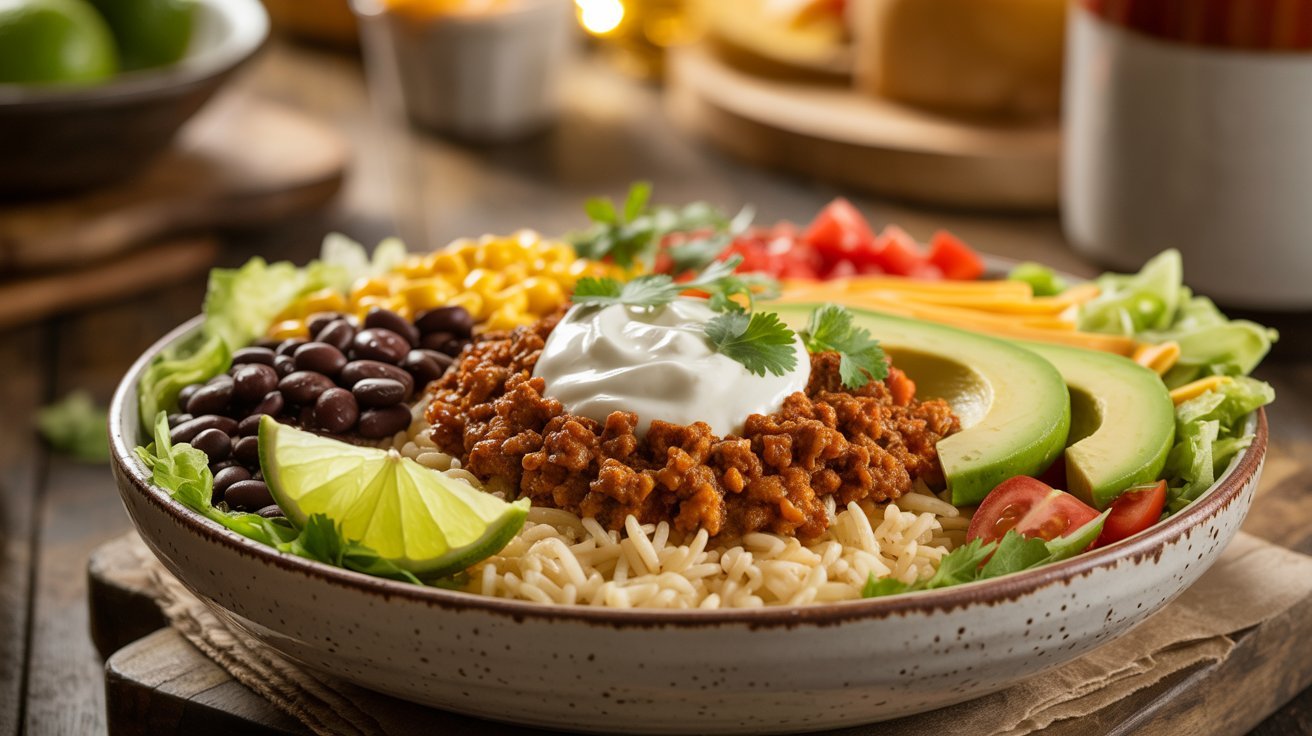 Bowl of taco salad with rice and beans, adorned with fresh toppings, showcasing vibrant colors and textures.