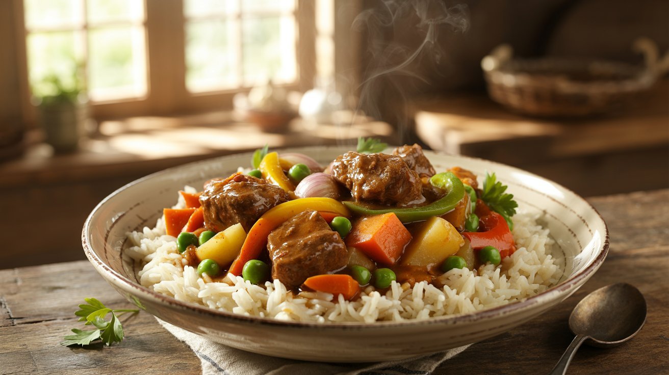 A bowl filled with rice, garnished with savory stew meat and vibrant vegetables.