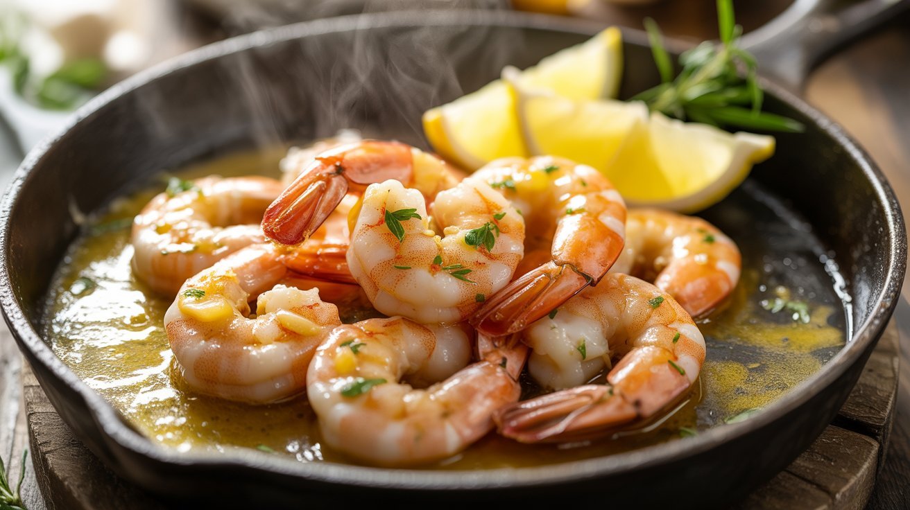 A skillet filled with garlic butter shrimp, garnished with lemon slices and fresh herbs, ready to be served.