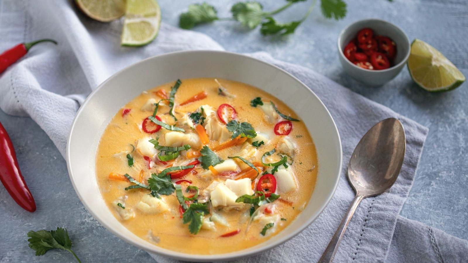 A bowl of Thai fish curry featuring vibrant vegetables and fresh herbs in a creamy coconut milk base.
