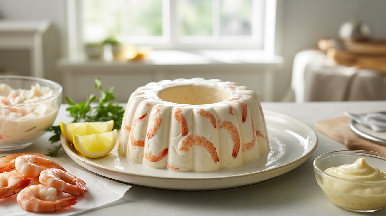 A simple shrimp mold and lemon slices, presented as part of a Simple Shrimp Mold Recipe.