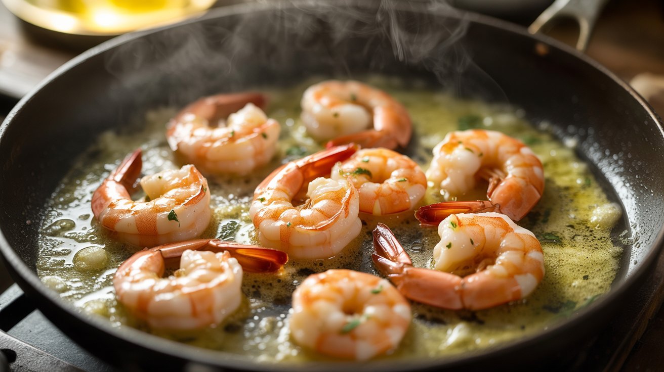 A skillet filled with shrimp cooked in garlic and oil, highlighting a delicious preparation for peel-and-eat shrimp.