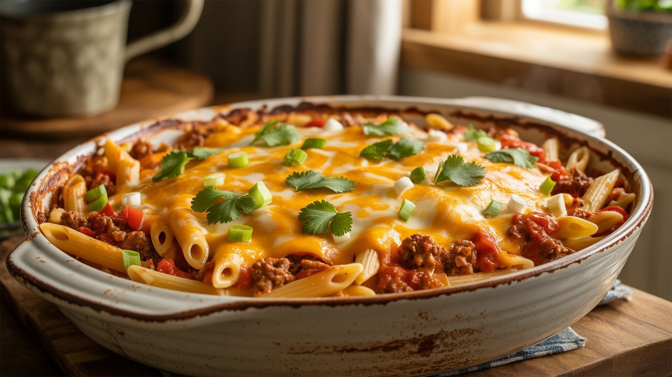 Taco pasta bake displayed in a white casserole dish, highlighting a delicious blend of flavors and textures.