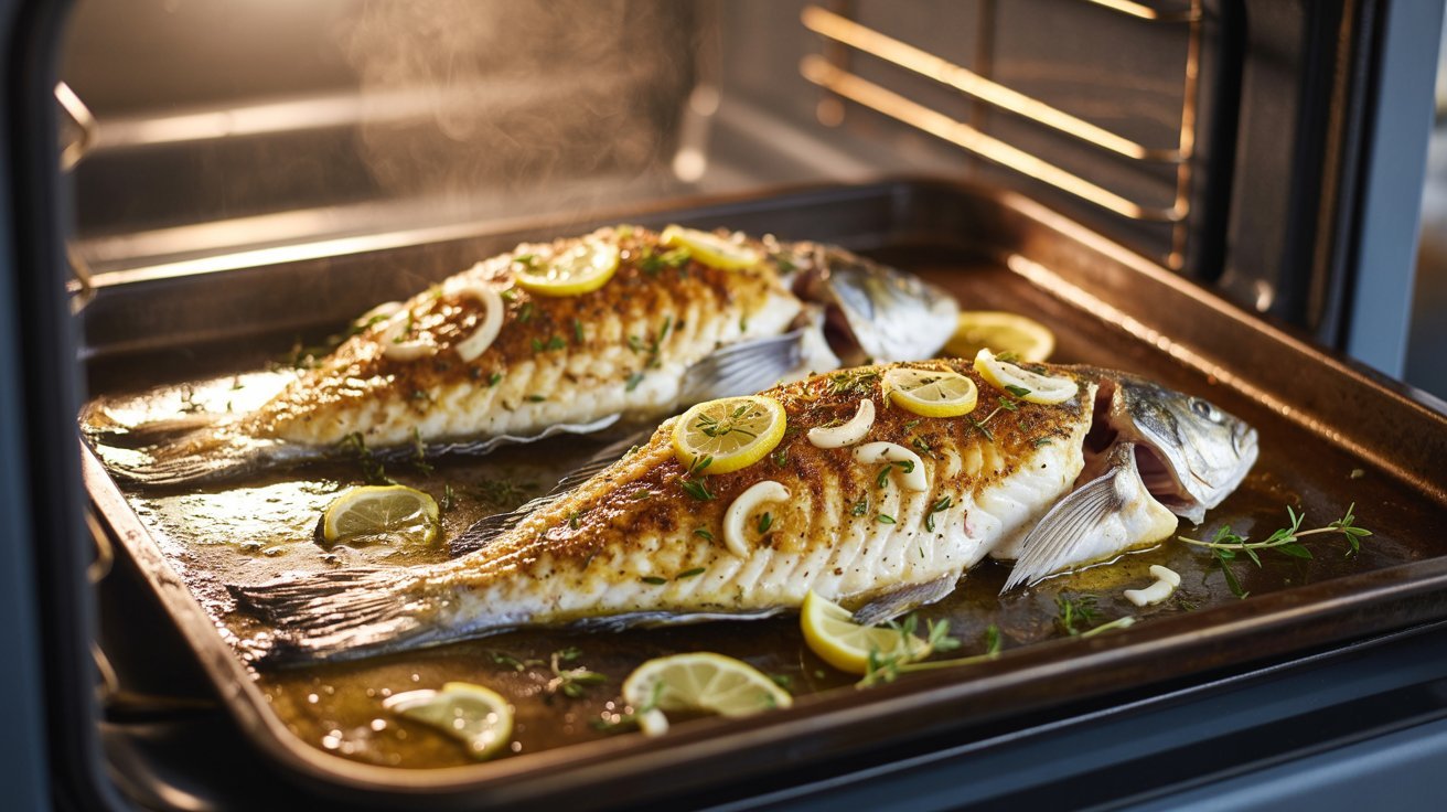 Two fish being broiled in an oven, demonstrating a simple indoor cooking technique for catfish.