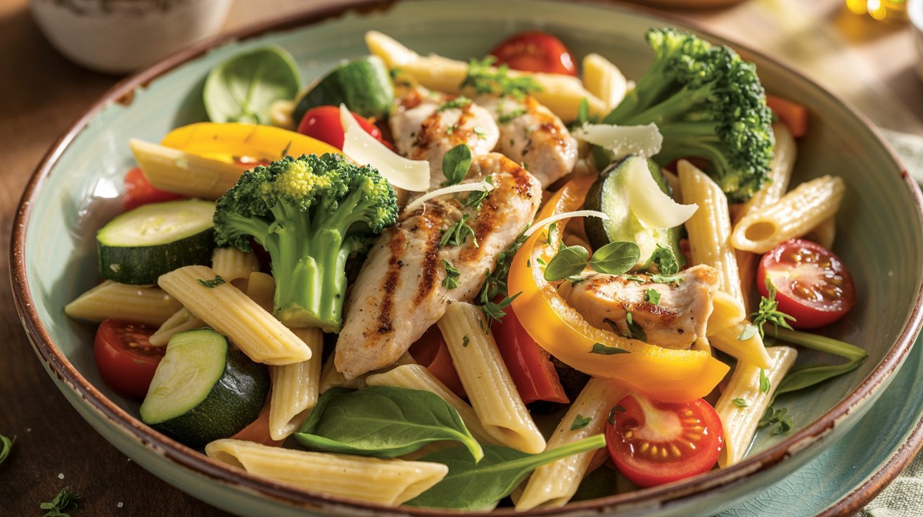 A Bowl filled with veggie-packed chicken pasta, featuring colorful vegetables and tender chicken pieces.