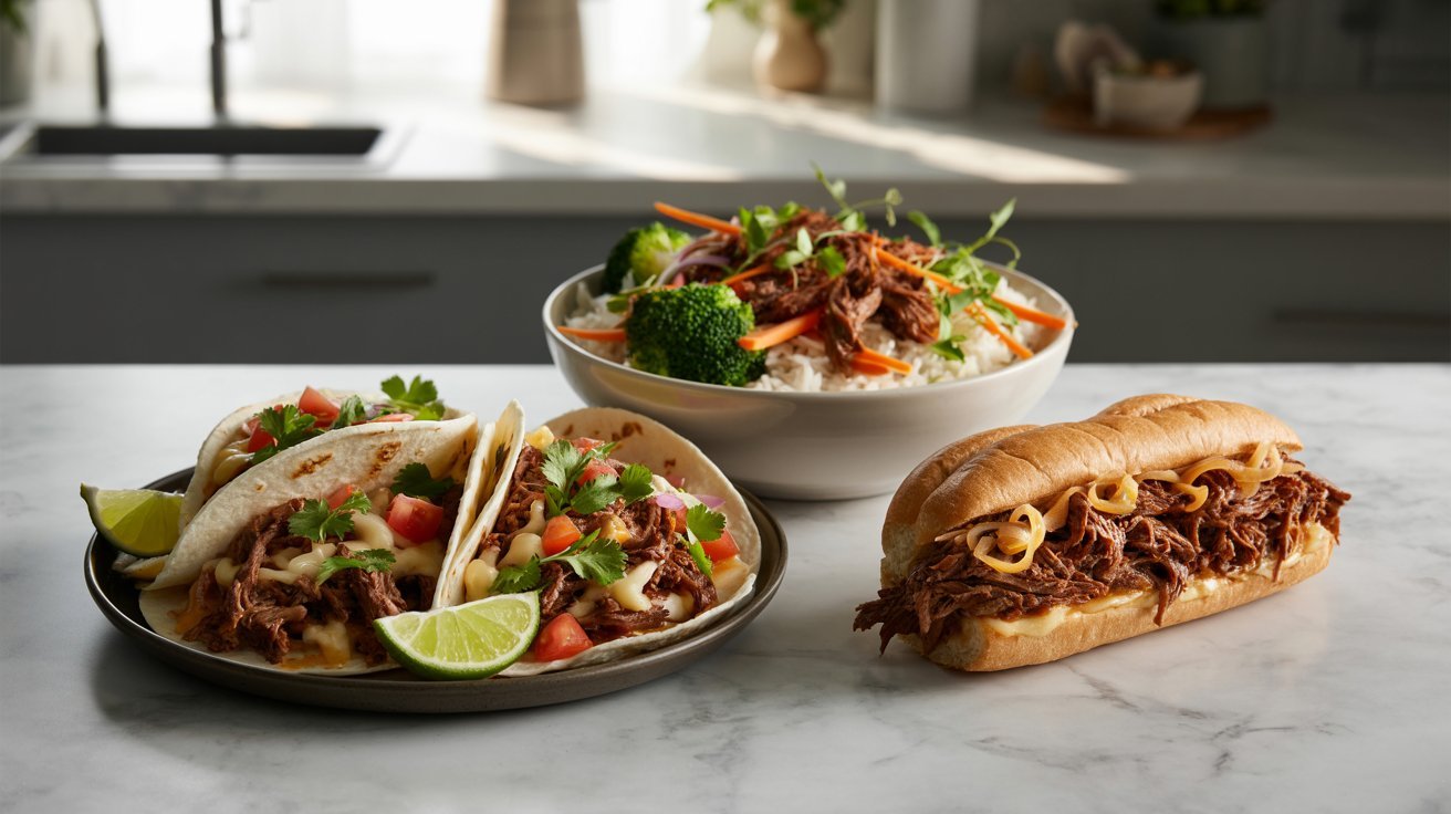 Two plates of modern fusion dishes alongside a bowl of rice, showcasing creative home cooking ideas.
