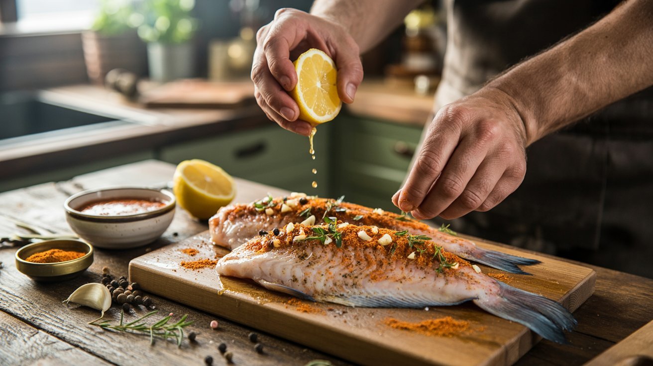 A man adds seasoning to catfish on a cutting board, demonstrating preparation for grilling.