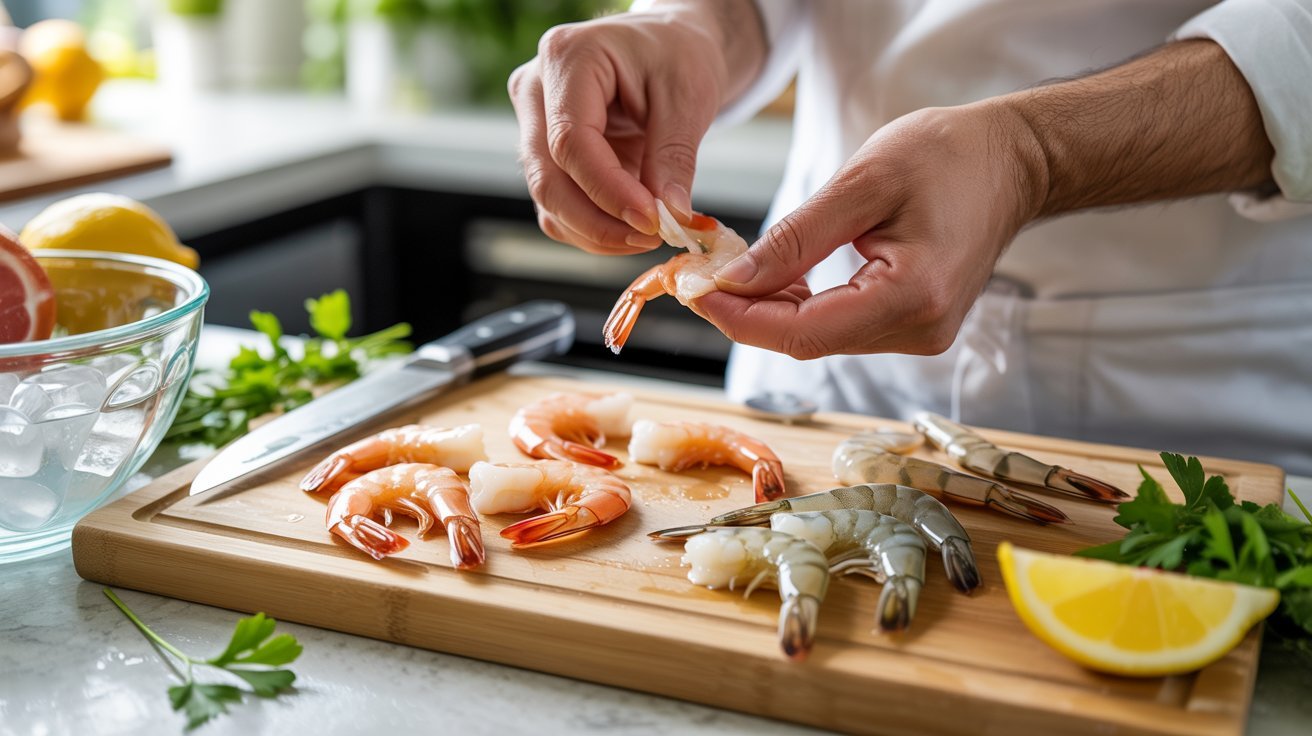 A Person skillfully prepares shrimp on a cutting board, demonstrating steps for a shrimp mold recipe.