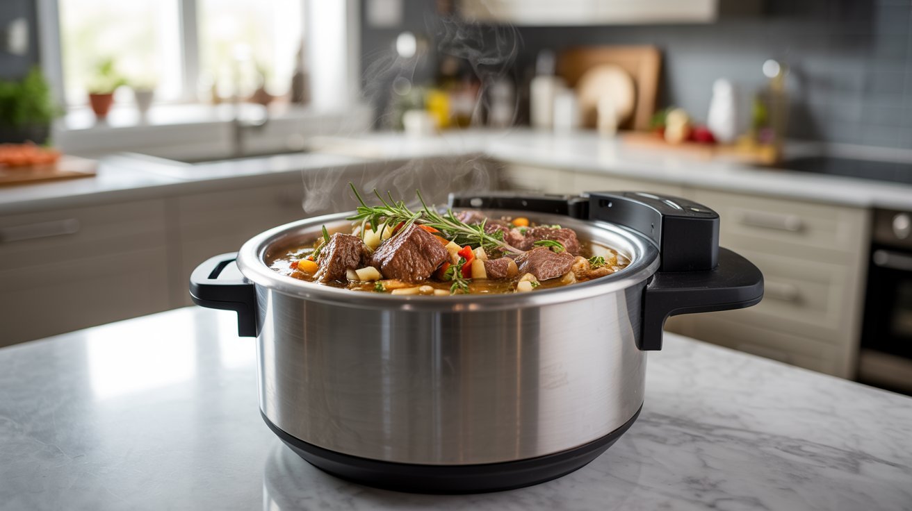 An electric pressure cooker filled with food, demonstrating the Instant Pot cooking technique.