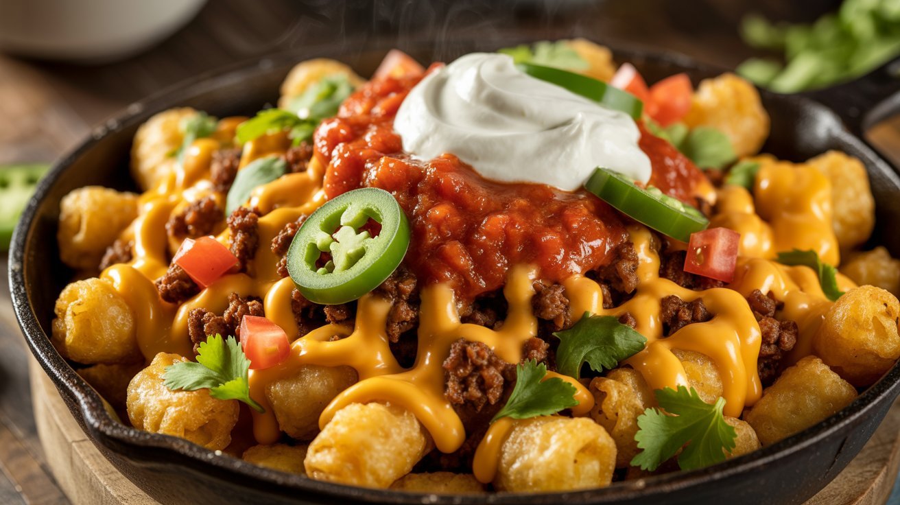 A skillet filled with cheesy nachos topped with sour cream, labeled as Totchos (Taco Tater Tot Nachos).