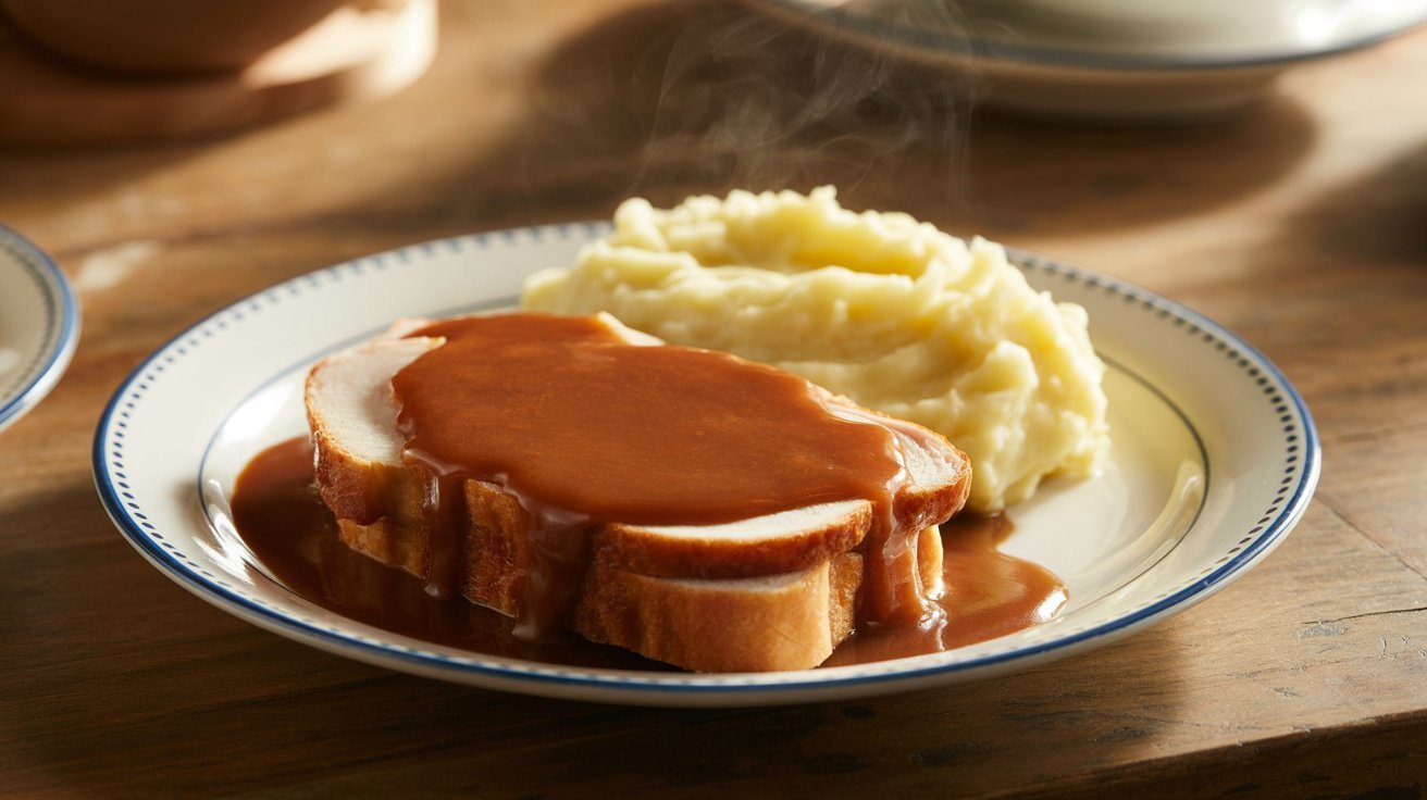 A plate of creamy mashed potatoes topped with rich gravy, part of the Turkey Manhattan recipe ingredients.