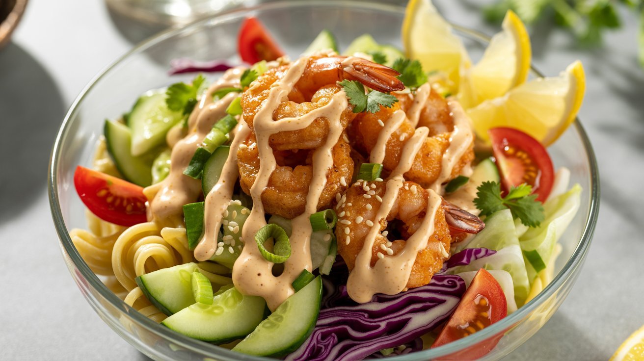 A bowl of Bang Bang Shrimp Pasta Salad featuring shrimp, mixed vegetables, and a sweet and spicy dressing.
