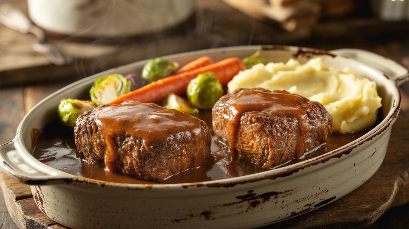 A dish of oven-cooked venison cube steak topped with gravy, accompanied by assorted vegetables.