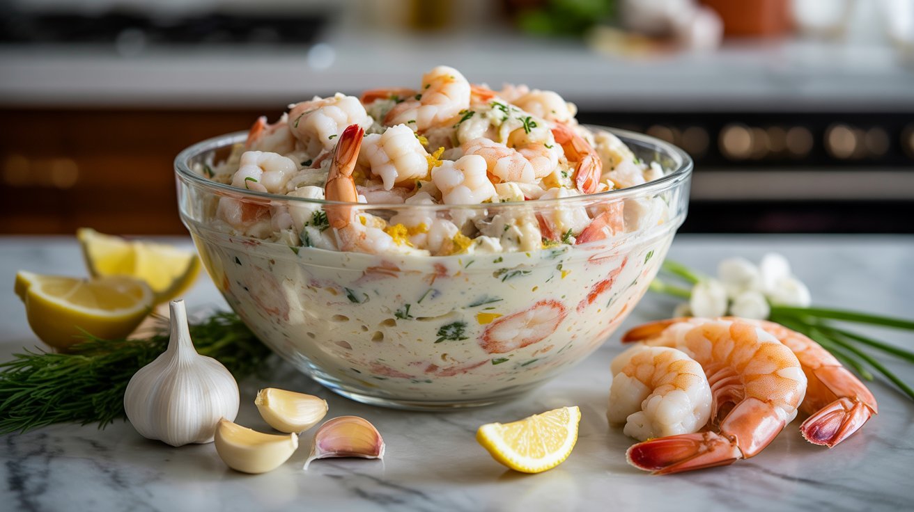 A bowl of shrimp and Crab Mixture salad garnished with lemon slices and garlic.