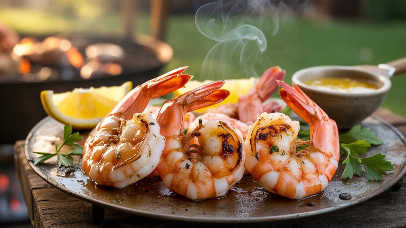 A plate of grilled shrimp accompanied by lemon wedges, showcasing a delicious seafood meal option.