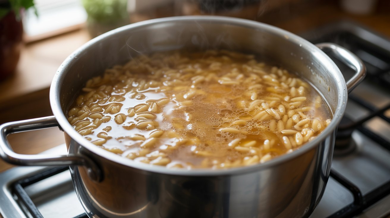 A pot of pasta boiling on the stove, preparing for the next step of adding broth and simmering.