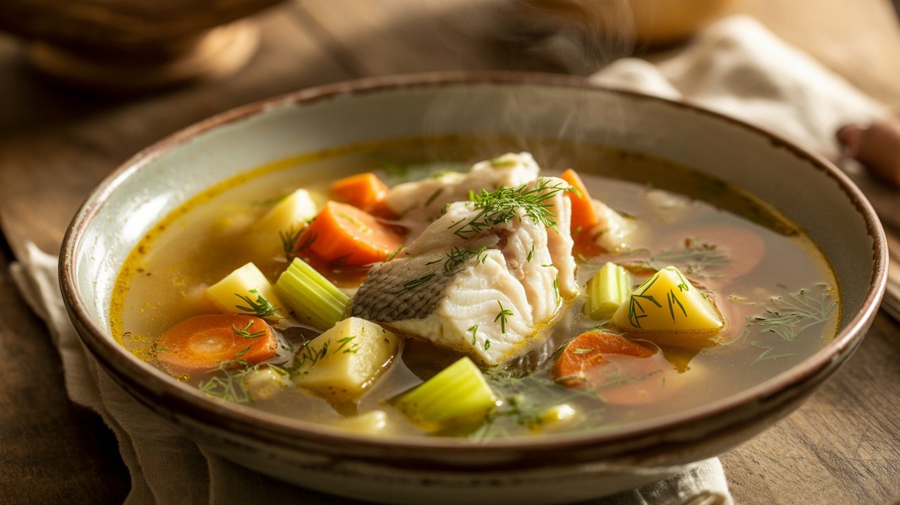 A bowl of light fish soup featuring seasonal vegetables and fresh herbs, showcasing a colorful and nutritious meal.