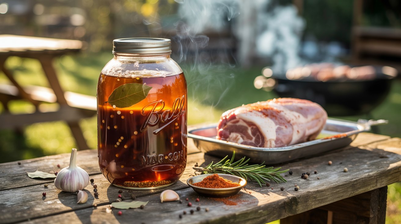 A grilling scene featuring a glass jar of brine and juicy pork chops on a rustic picnic table, illustrating a quick pork brine recipe for grilling that produces tender, juicy results.
