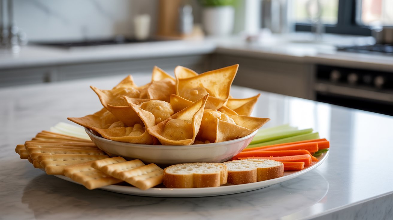 A plate featuring crackers and fresh vegetables, accompanied by a recipe for Crab Rangoon Dip and Wonton Chips.